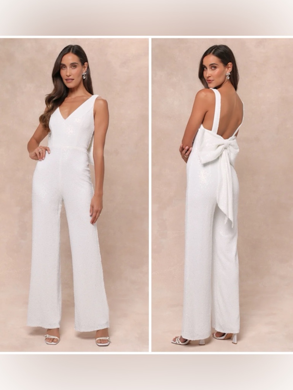 Lulu's Feeling Sparkly White Sequin Bow Wide Leg Jumpsuit